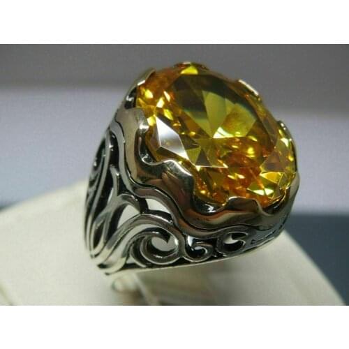 925 Sterling Silver Turkish Handmade Jewelry Citrine Stone Mens Ring
