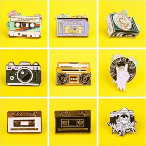 Black Gold Cartoon Camera Brooch Camera Mountain landscape Enamel pins Plant Quantity Mountain Peak Sunrise Alloy Badge Jewelry
