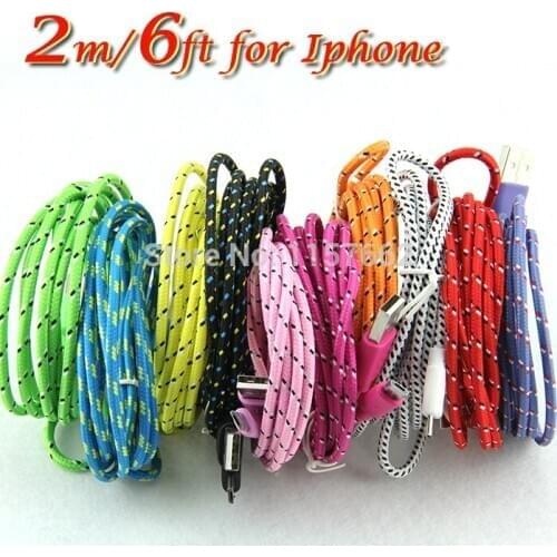 100pcs/lot For Iphone X 8 7 6 5 Round Fabric Braided Nylon Cable 2m/6FT 8 pin USB Data Sync Woven Charger Cords for IOS 9 10
