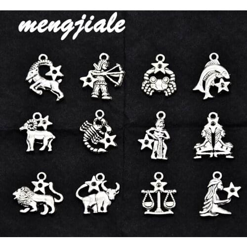 12pcs(1set) Wholesale Antique Silver Zodiac Charms Alloy Metal Constellation Pendant For Jewelry Accessories Making