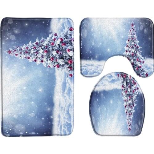 Christmas Tree Snow Scene Bath Mat 3 Piece Bathroom Mat Non-Slip Entrance Door Mat Carpet Christmas Toilet Decor Bathroom Supply