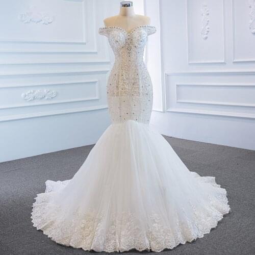 Transparent Fishtail Wedding Dress Lace Mermaid Applique Print Pattern Bridal Gown Formal Dress Beaded Decorative Robe De Mariee