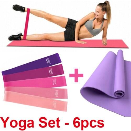 Hot Sale 2020 Exercise Yoga Set Mat Resistance Bands 6pcs Sport Indoors Fitness Equipment Home Training Pull Rope Purple Pink