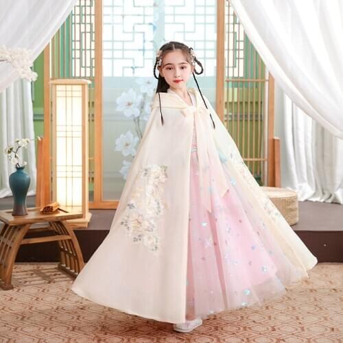 Kids New Years Wear Cosplay Girls Hanfu Cape Autumn New Thin Embroidery Long Cloak Children Ancient Style Chinese Mantle
