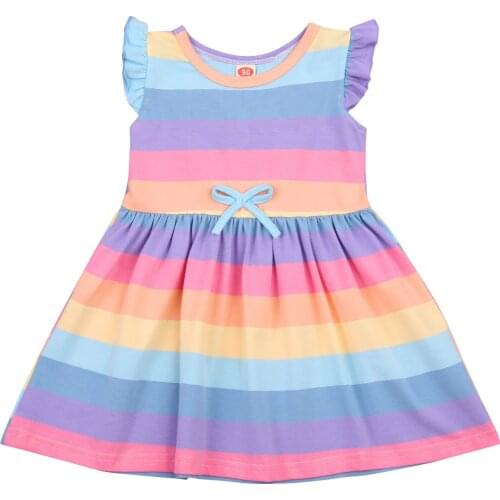 2-6Years Kids Girls Fashion Fly Sleeve Rainbow Striped Dress Stylish Angel Wings Dress for Children Girls