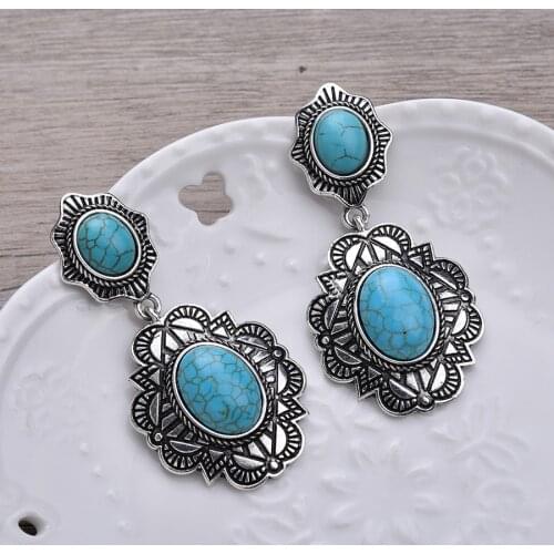 Ethnic Tibetan Antique Silver Color Big Drop Earrings for Women Stones Geometric Carving Flower Hanging Dangle Earring