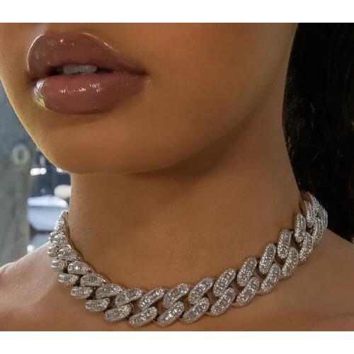 Initial Miami Punk Hip Hop Cuban Link Chain Necklace Iced Out Mens Baguette Bling Rapper Crystal Choker Necklace Jewelry Gift