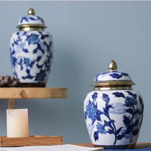 Ceramic Vase Storage Pot Household Blue and White Porcelain Pot Ceramic Tea Storage Jar Living Room TV Cabinet Porcelain Decor