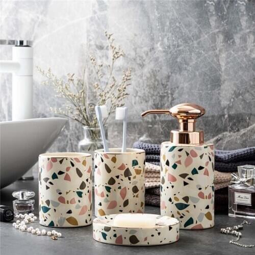 WSHYUFEI 4Pcs/Set Nordic Upscale Ceramic Bathroom Kit Lotion Dispenser Mouthwash Cup Soap Dish Modern Toilet Home Decor