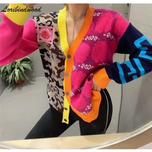 Loribindwood 2021 Korean Version of The V-neck Pattern Color-blocking Knitted Cardigan Jacket Sweater Classic All-match