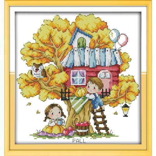 Tree House (Autumn) cross stitch kit aida 14ct 11ct count printed canvas stitches embroidery DIY handmade needlework