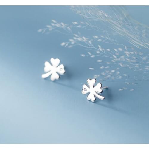 Real 925 Sterling Silver Zircon Clover Stud Earrings For Fashion Women Fine Jewelry Cute Plant Minimalist Accessories