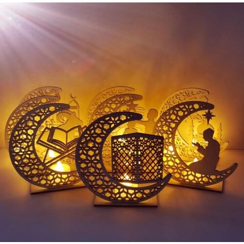 New LED Wooden Eid Mubarak Plaque Moon Star Ramadan Ornament Muslim Decor Pendant Pendant Islam Muslim Event Party Supplies