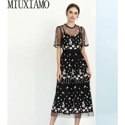 MIUXIMAO Luxurious 2020 Summer Dress Women Flower Embroidery Dress Solid Slim Office Lady Black Casual Dress Women Vestidos