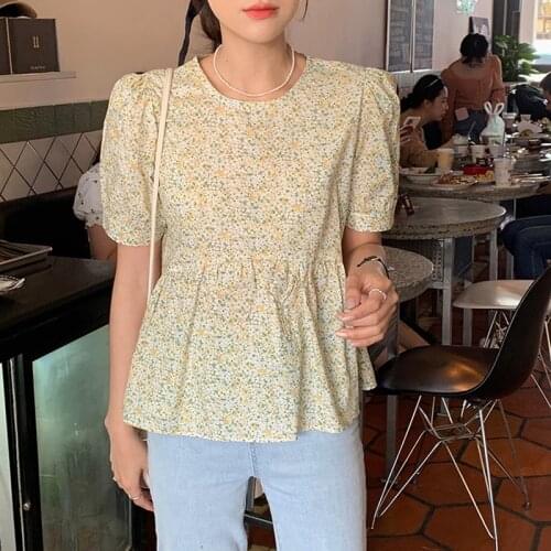 HziriP Sweet Girl Printed Florals 2021 Korean Chic O-Neck Single-piece Set Casual Tops Short Sleeve Blouses All-Match Elegant