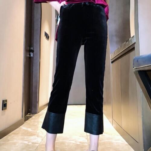 Plus size 5XL!New fashion pu stitching velvet flare trousers women elastic waist casual ankle length pants