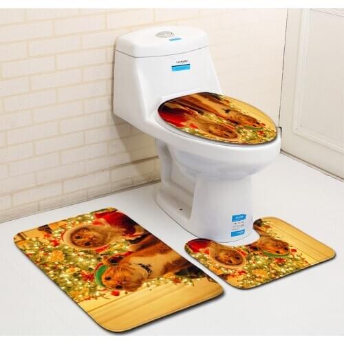 Merry Christmas Bath Mat 3D Print 3pcs Set Carpet Suede Microfiber Toilet Seat Cover Bathroom Mat Pad Xmas Decor Lavatory