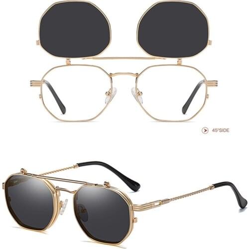 Flip Up Sunglasses for Men and Women Retro Steampunk Style Hexagon Vintage Eyewear UV400 Outdoor Eye Protection Sun Shades