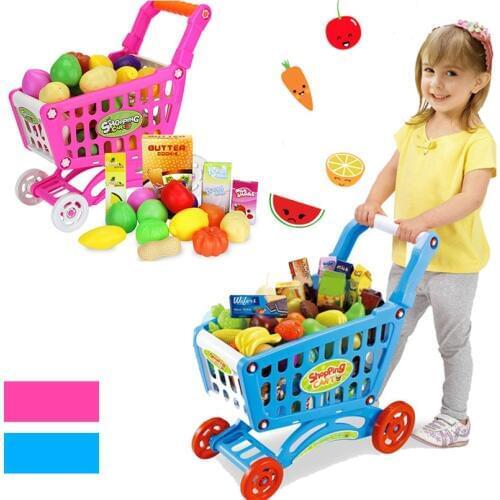 16Pcs Shopping Trolley Cart Supermarket Trolley Push Car Toys Basket Mini Simulation Fruit Food Pretend Play Toy For Children