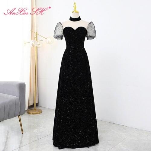 AnXin SH vintage princess black velour evening dress party o neck illusion puff sleeve a line lace up bride long evening dress