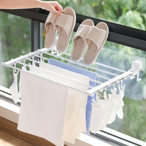 Retractable Clothes Hanger Creativity Indoor Balcony Glass Sucker Shoes Rod Multifunctional No Punching Folding Frame Cloth Rail