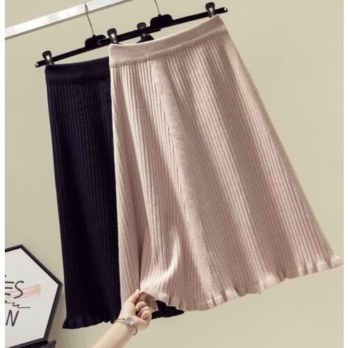Autumn Winter Knit A-line Skirts Women New Large size Mid-length Solid color skirt Female Lotus leaf Elastic Waist skirt T300