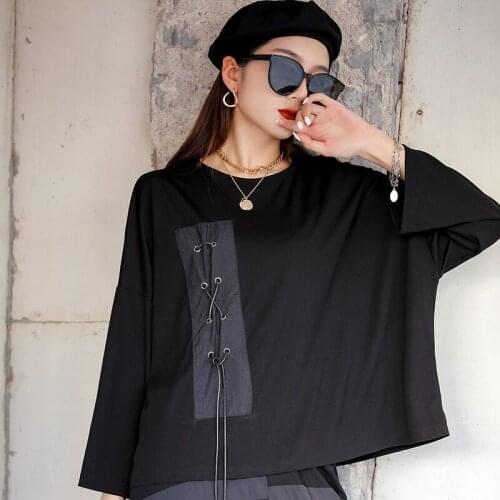 Women Black Punk Eyelet Lace-up Bandage T Shirt 2021 Spring Lady Loose Hip-hop Streetwear Casual O Neck Rock Hipster Gothic Top