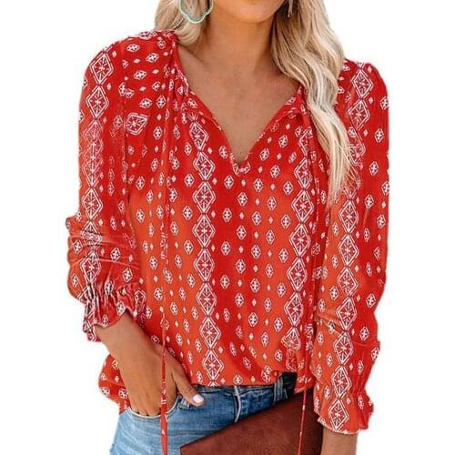 Stylish Office Lady Shirt Floral Print V Neck Autumn Winter Long Sleeve Drawstring Chiffon Blouse Streetwear for Daily Wear