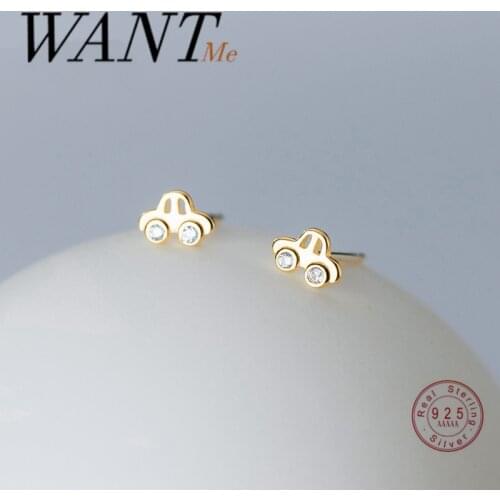 WANTME Genuine 925 Sterling Silver Cute Mini Car Round Zircon Stud Earrings for Fashion Women Korean Youth Birthday Jewelry Gift
