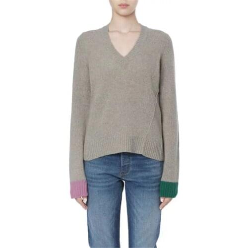 2020 Autumn and Winter New V-neck Long-sleeved Cuffs Contrast Color Warm Womens Pure Cashmere Knitted Sweater