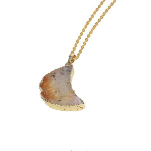 Natural Slice Geode Druzy Stone Pendant Necklace Female 2019 Gold bezel big Horn yellow crystal quartz moon chain necklace women