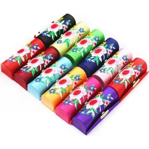 1Pcs Retro Flower Embroidery Fabric Lipstick Case Holder With Mirror Womens Cosmetic Jewelry Packaging Box Storage Boxes & Bins