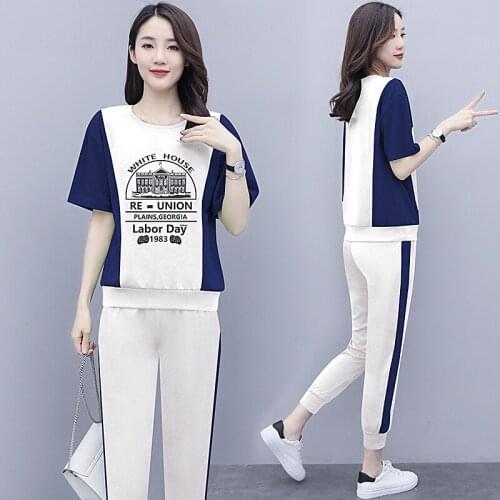 2021 Summer New Sports Fashion Plus Size 2 Piece Sets Printed Short Sleeved Ankle Length Pants Suit Women Clohtes