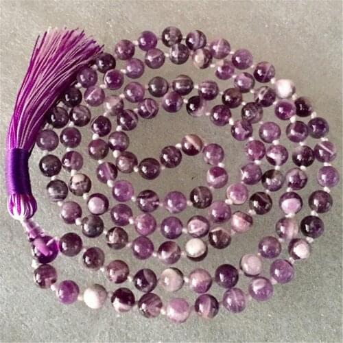 8mm Amethyst Purple Crystal 108 Beads Handmade Tassel Necklace Wristband Spirituality Chakra Tibetan Buddhism Japa Mala Retro