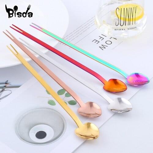 8 Colors Salad Spoon Long Handled Dessert Spoons Creative Fruit Fork Honey Ice Cream Spoon Heart Shape Meta Dinnerware