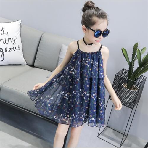 DFXD Kids Girls Summer Dress 2018 New Cute Girl Sleeveless Flower Print Strap Dress Teenager Girls Chiffon Beach Dress 3-14T