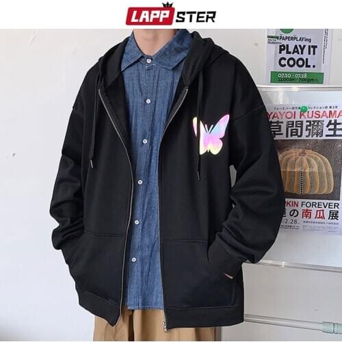 LAPPSTER Men Harajuku Bomber Jacket 2021 Mens Reflective Butterfly Windbreaker Male Japanese Streetwear Hooded Jackets Coats