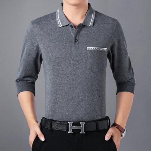 Men T-shirt Long Sleeve Turn Down Collar Shirts Cotton Solid Color Business Basic T Shirts Classic Clothing