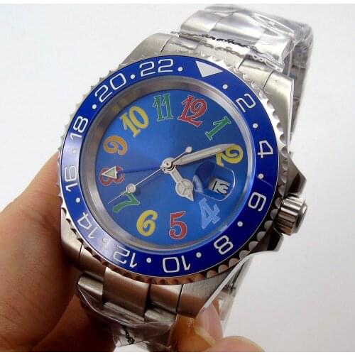 40mm Blue Dial Self Winding Mens Watch Automatic GMT Movement Sapphire Glass Bracelet Strap Date Window