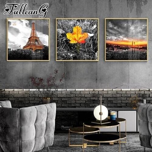 FULLCANG 5d diy diamond embroidery sale tower leaves sunset lovers triptych painting full square round mosaic pattern kit FC3386