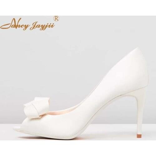 Nancyjayjii Ivory Summer Ladies Satin Wedding Butterfly-knot Pumps Thin Stilettos Heels Peep Toe Shoes Woman Party Plus Size 16