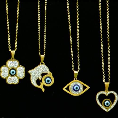 New Evil Eyes Pendant Necklace Stainless Steel Chain Pendant Jewelry Turkish Blue Eyes Heart Palm Dophin Flower Key Choker