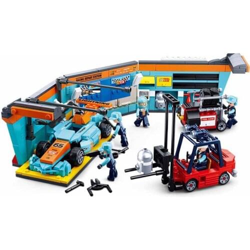 SLUBAN New Speed Champions F1 Racing Formula Car Repair Station Model Building Blocks Creator Children Kids Toys Christmas Gifts