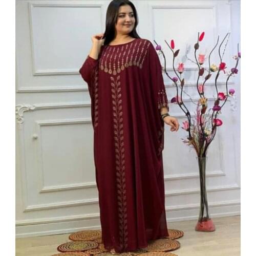 New African Dashiki Womens Fashion Abaya Stylish Chiffon Fabrics Hot Drilling Loose Long Dress Free Size + Inside & Scarf