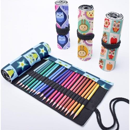 Cartoon Owl Printed Student Pencil Case For Unisex 12/24/36/48/72 Holes Drawing Storage Bag Harajuku Casual Canvas Roll Pen Bag
