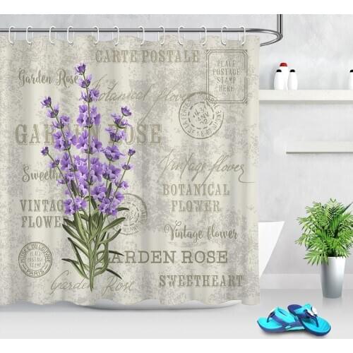 Purple Flower Fabric Shower Curtain Lavender Stamp Pattern Vintage Bathroom Curtains with Hook Home Bathtub Accessories Washable