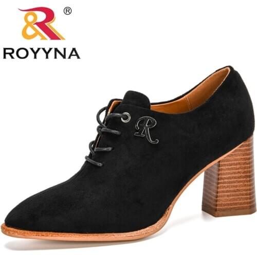 ROYYNA 2020 New Designers Flock Pointed Toe Pumps Women Lace Up Low Top Female Shoes Thick Heel Girls High Heel Shoes Trendy