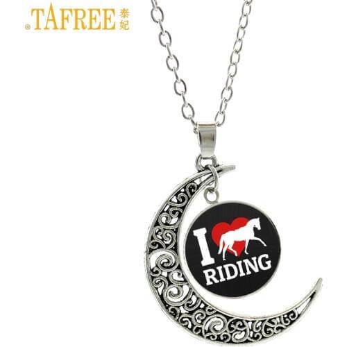 TAFREE vintage glass dome I Love Horse Riding statement pendant necklace men women moon charms Equestrian sports jewelry SP533