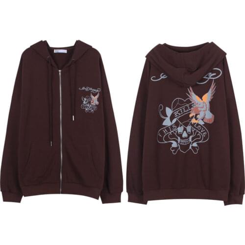 Vintage sweatshirt women streetwear grunge graphic print y2k brown long-sleeved hoodie Harajuku Oversized outerwear clothes size