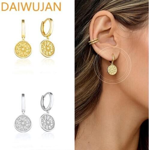 DAIWUJAN Korean Retro Pattern Hanging Hoop Earrings for Women Vintage Round Dangle Earrings 925 Sterling Silver Jewelry Gifts